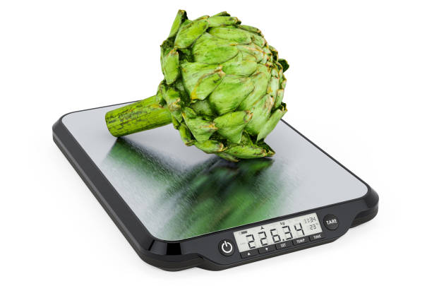 Kitchen Scales with Artichoke. 3D rendering isolated on white background