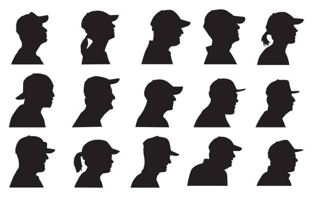 ilustrações de stock, clip art, desenhos animados e ícones de baseball cap head profiles - shoulder bone