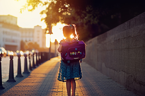 Little schoolgirl is returning from school