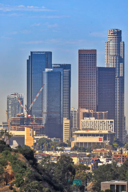 los angeles skyscrapers in downtown - u.s. bank tower - u s bank tower imagens e fotografias de stock