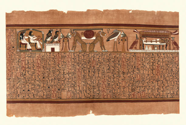 illustrazioni stock, clip art, cartoni animati e icone di tendenza di papiro di ani, antico egiziano, leoni ieri e domani - pharaonic tomb