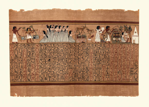 Papyrus of Ani, Ancient Egyptian, Funeral procession, Mummy, Anubis Vintage illustration from the Papyrus of Ani a papyrus manuscript in the form of a scroll with cursive hieroglyphs and color illustrations that was created c. 1250 BCE, during the Nineteenth Dynasty of the New Kingdom of Ancient Egypt. Funeral procession, ministrants carrying sepulchral furniture, female mourners, Anubis supports the mummy ancient egyptian art stock illustrations