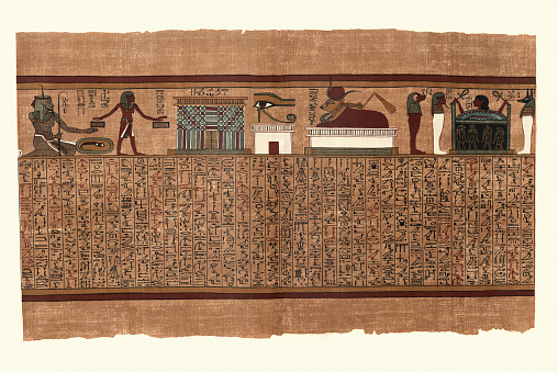 Vintage illustration from the Papyrus of Ani a papyrus manuscript in the form of a scroll with cursive hieroglyphs and color illustrations that was created c. 1250 BCE, during the Nineteenth Dynasty of the New Kingdom of Ancient Egypt. Seated male with emblem of endless years in his right han and on his head, his left ahnd above the Eye of Horus