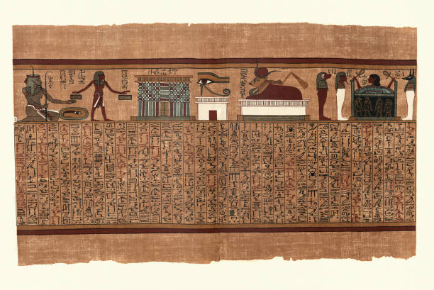 Papyrus of Ani, Ancient Egyptian, Endless years, Eye of Horus Vintage illustration from the Papyrus of Ani a papyrus manuscript in the form of a scroll with cursive hieroglyphs and color illustrations that was created c. 1250 BCE, during the Nineteenth Dynasty of the New Kingdom of Ancient Egypt. Seated male with emblem of endless years in his right han and on his head, his left ahnd above the Eye of Horus horus stock illustrations