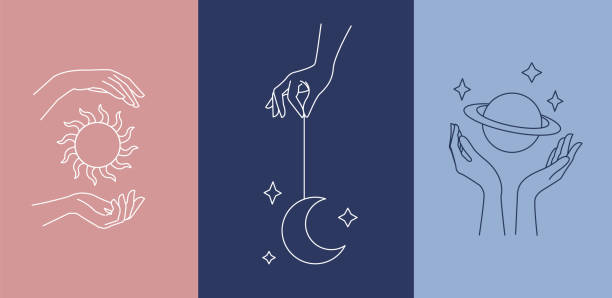 illustrations, cliparts, dessins animés et icônes de modèle de conception de logo avec la main de la femme et les éléments célestes mystiques - soleil, lune et planète. style minimalisme d’art de ligne. - personnes féminines illustrations