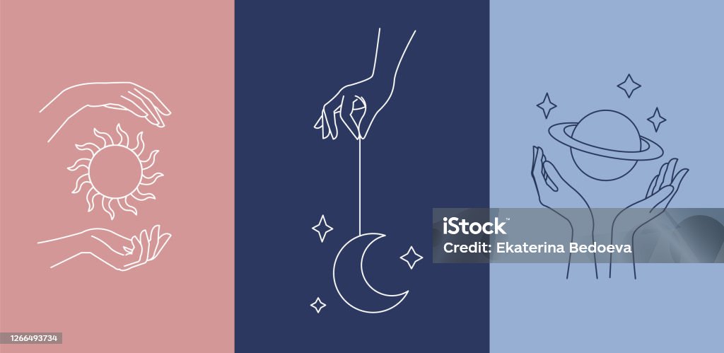 Logo design template with woman's hand and mystical celestial elements - sun, moon and planet. Line art minimalism style. Vector illustration Hand stock vector