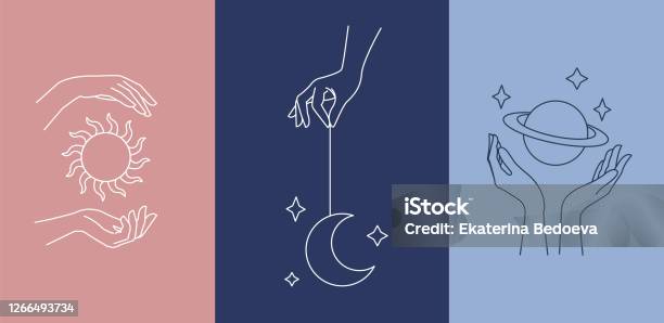 Logo Design Template With Womans Hand And Mystical Celestial Elements Sun Moon And Planet Line Art Minimalism Style Stock Illustration - Download Image Now