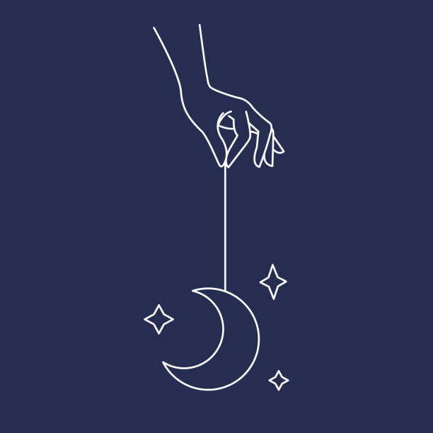 Woman's hand holding moon and stars, magic mystical symbol. Abstract logo template for your design, line art style. Vector illustration bedtime illustrations stock illustrations