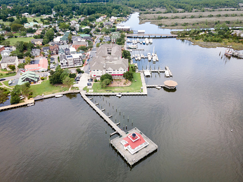 Aerial view of the historic Roanoke Marshes Lighthouse in Manteo in eastern North Carolina.