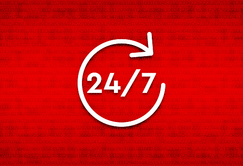 24/7 rotate arrow icon isolated on abstract digital screen red background illustration