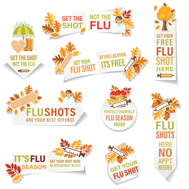 Flu Shot Banners Stickers Autumn Flu Vaccine stickers with drop shadows. Isolated with no background shot apple stock illustrations