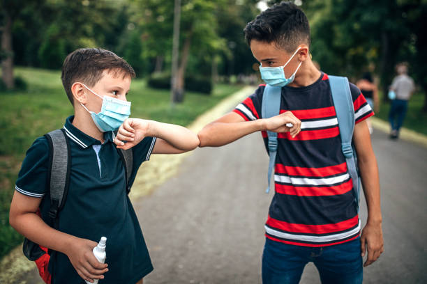istock Two boys with protective face masks greeting with elbows 1266504941
