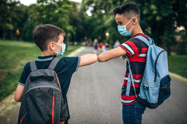 istock Schoolboys with protective face masks greeting with elbows 1266505067