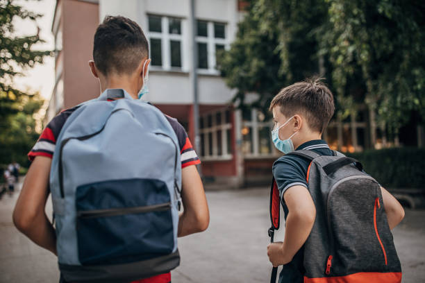 istock Two schoolboys with surgical masks going to school 1266505924