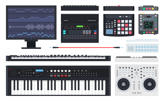 Set vector icons tools for create music in flat design. Workplace of musician. Studio sound recording equipment collection. Mounting control panel equalizer and monitor, synthesizer, fader, sequencer.