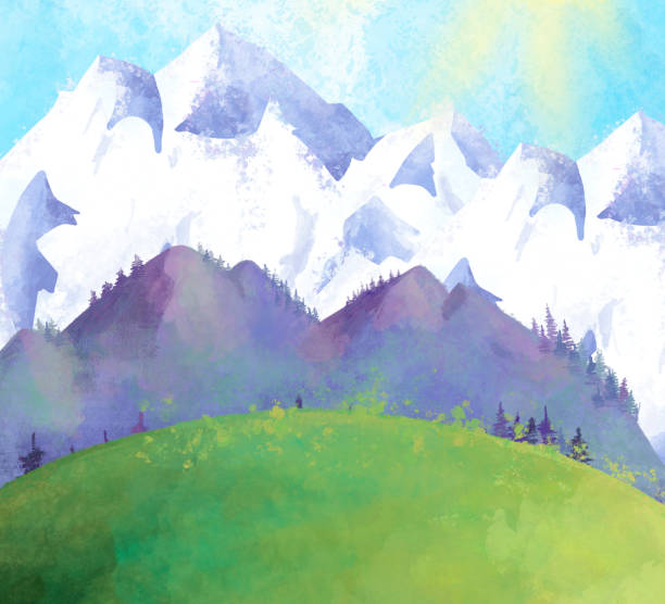 istock Watercolor mountain landscape with trees and snowy mountains corner, 1266508989