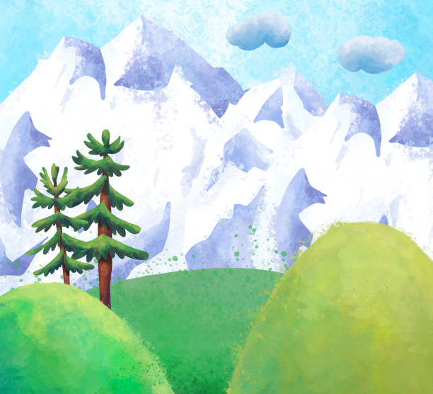 istock Watercolor mountain landscape with trees and snowy mountains corner, 1266508998