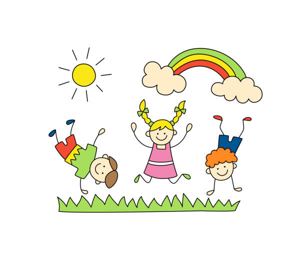 веселые дети играют на открытом воздухе. симпатичные каракули детей, солнце и радуга. - rainbow preschooler baby child stock illustrations