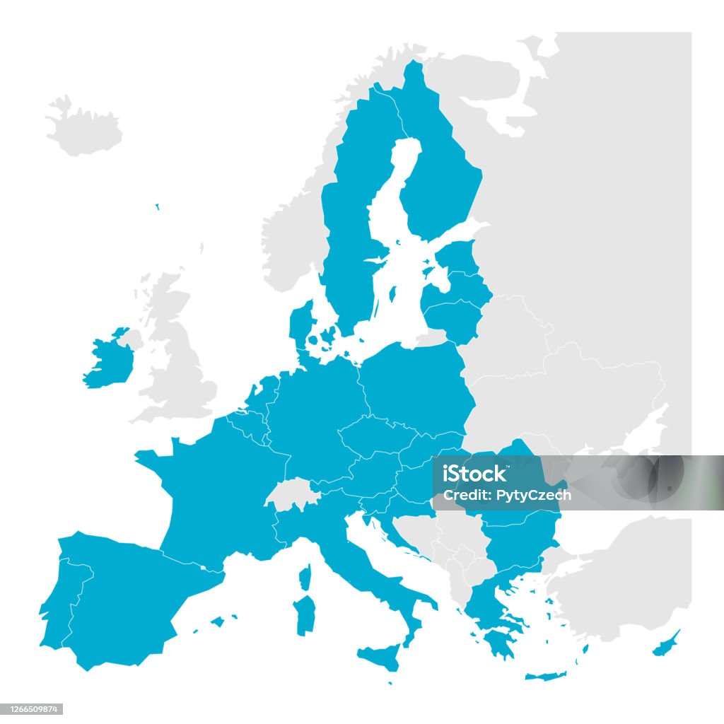 Carte politique de l’Europe avec le bleu mis en évidence 27 Union européenne, UE, États membres après le Brexit en 2020. Illustration simple de vecteur plat - clipart vectoriel de Europe libre de droits