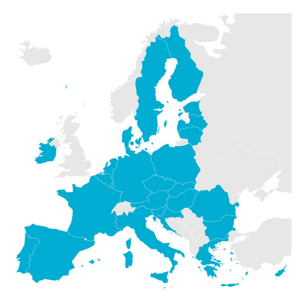 ilustrações, clipart, desenhos animados e ícones de mapa político da europa com azul destacou 27 estados-membros da união europeia, ue e estados-membros após o brexit em 2020. ilustração simples do vetor plano - european country