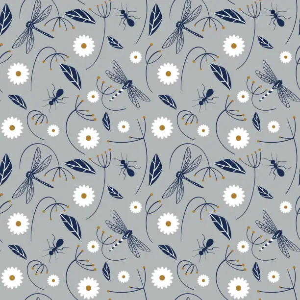 Vector illustration of Nature seamless pattern with insects and flowers