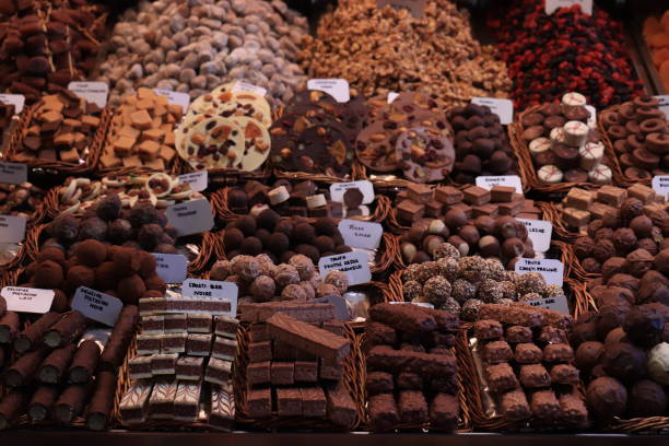 istock Luxurious chocolate pralines at a market 1266510121