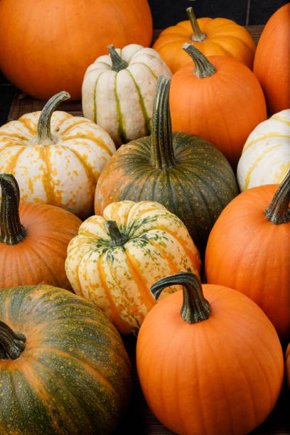istock Assortiment of pumpkins background 1266515115