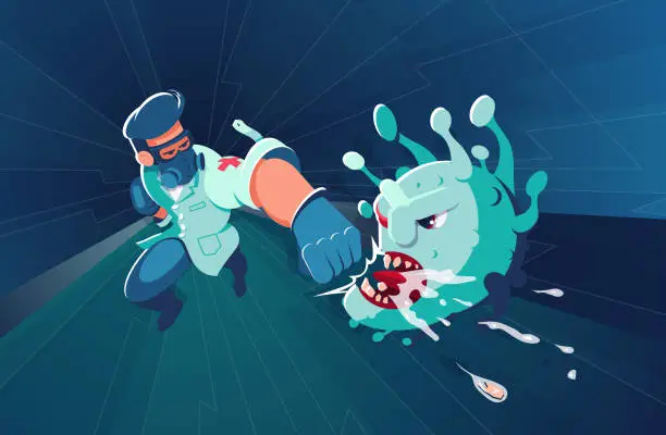 Vector illustration of A brave doctor in uniform strikes a hard blow to the jaw of a viral monster