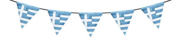 ilustrações, clipart, desenhos animados e ícones de ilustração aquarela de cordas festivas com bandeira nacional triangular da grécia. pintura esboçada à água desenhada à mão, elemento de arte de clipe isolado para design, impressão, cartão de saudação, decoração. - bandeira-grega