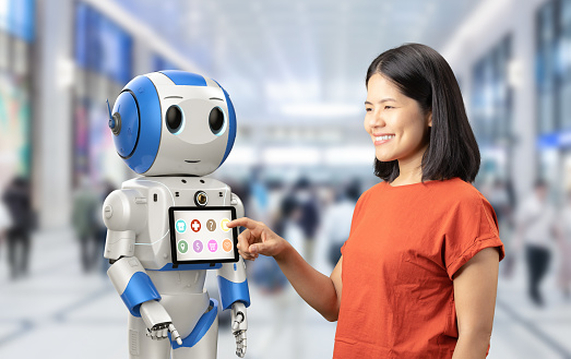 Robot assistant concept with asian woman and 3d rendering robot with digital tablet