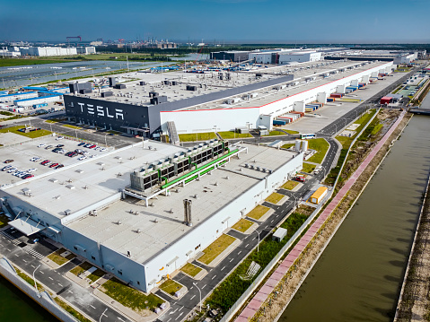 Shanghai, China - August 1, 2020: Exterior view of automobile plant Tesla Gigafactory 3 located in Pudong District, Shanghai, China.