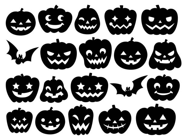 silhouette illustration von vielen jack o'lanterns für halloween - kürbis stock-grafiken, -clipart, -cartoons und -symbole