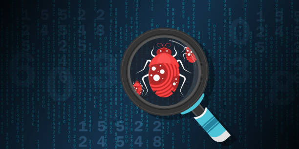 ilustraciones, imágenes clip art, dibujos animados e iconos de stock de lupa de búsqueda de errores de malware. concepto de virus de error de internet del ordenador. - computer bug computer magnifying glass computer software