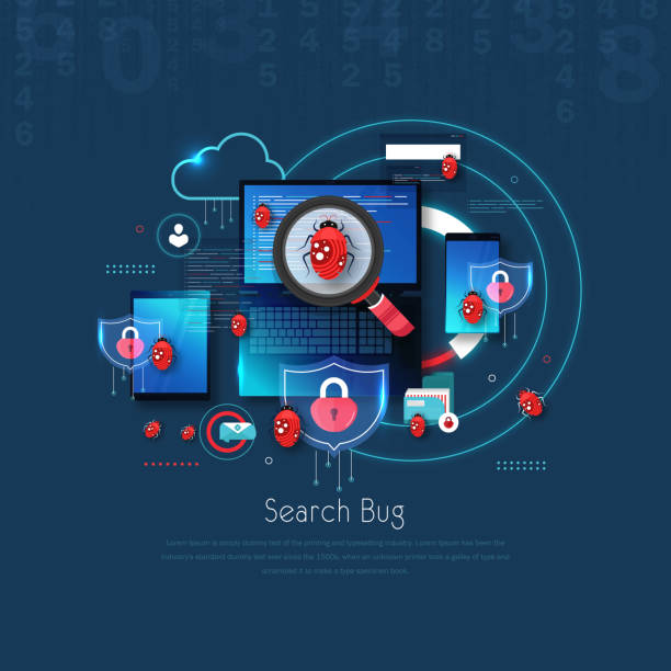 Bug and virus in the programming code stock illustration Bug and virus in the programming code, notebook with developers applications. Software testing quality control. Desktop pc, computer bug stock illustrations