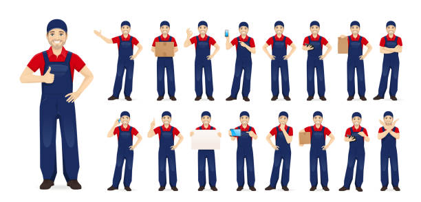 Man in overalls Handsome man in blue overalls standing in different poses set isolated vector illustration plumber tablet stock illustrations