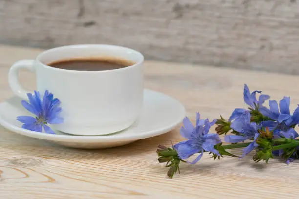 hot chicory drink with blue flowers on wooden table