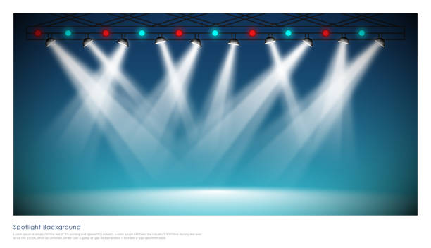 spotlights beleuchtung disco partybühne mit blauem hintergrund - blue lens flare backdrop abstract stock-grafiken, -clipart, -cartoons und -symbole