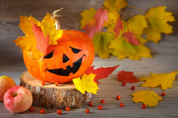 istock Funny autumn still life with halloween pumpkin 1266544986