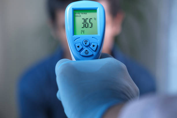 istock Hand holding inferred thermometer check temperature. 1266547126