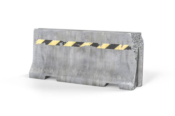 Damaged concrete barricade A damaged and faded concrete barricade isolated on white background - 3d render barricade stock pictures, royalty-free photos & images