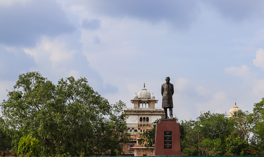 Jaipur, Rajasthan, India- August 09, 2020: Albert Hall behind the statue of Jawaharlal Nehru.