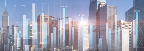 istock Financial graph diagram trading investment business intelligence concept website panoramic header double exposure modern city view. 1266552748