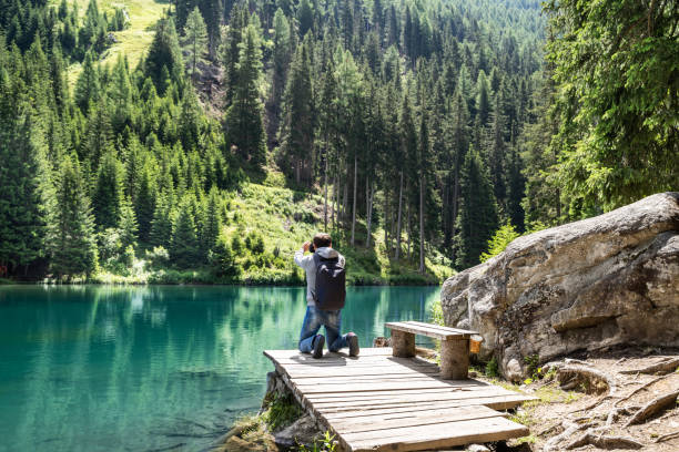 Photographer Man Taking Mountain Lake Photo With Camera
