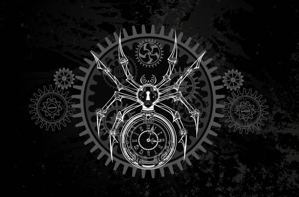 White mechanical spider Contour, white, contour, schematic, mechanical spider with dial and keyhole on dark grunge background. Steampunk style. robot spider stock illustrations