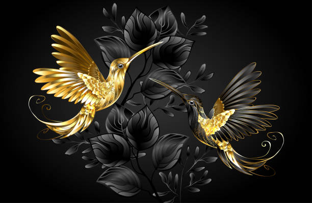 Black and gold hummingbird Black and gold jewelry hummingbirds on gray background decorated with plants. Jewelry birds. gothic art stock illustrations