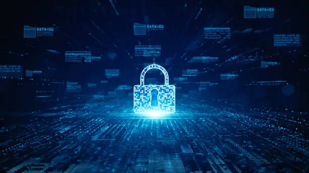 Photo of Lock Icon cyber security of digital data network protection. High speed connection data analysis. Technology data network conveying connectivity background concept.