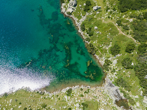 Aerial view of Fish Banderitsa lake, Pirin Mountain, Bulgaria