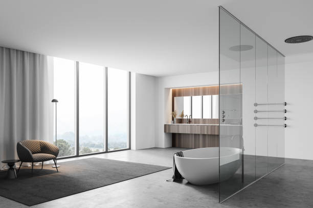 istock White and wooden bathroom corner with armchair 1266568256