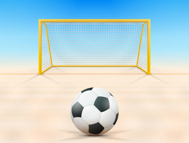 Soccer ball on sand field in front of goal post, front view vector art illustration
