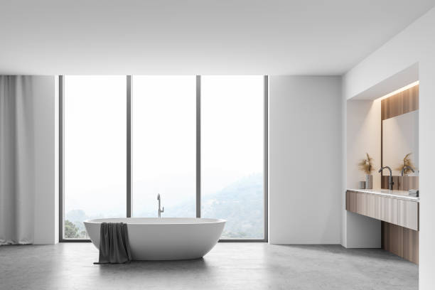 istock Panoramic white and wooden bathroom 1266569309